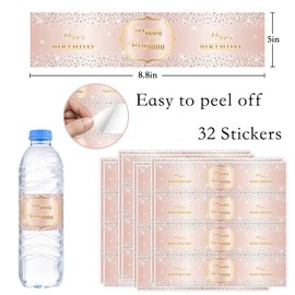 Happy Birthday Water Bottle Labels Pink for Women 16th 21st 30th 40th 50th Anniversary Stickers Party Decorations - Set of 32