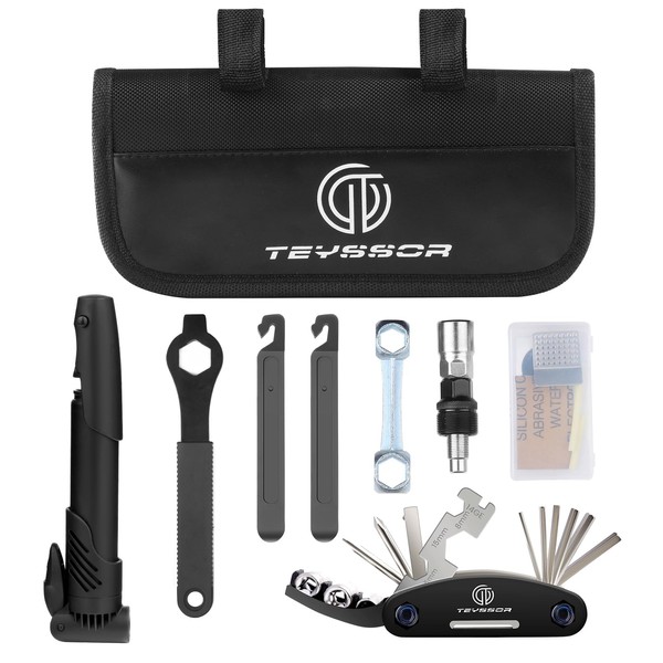 Teyssor Bicycle Repair Kit, Bicycle Repair Tool Set with 16-in-1 Bicycle Multitool, Mini Bicycle Pump, Patch Kit and Tyre Lever