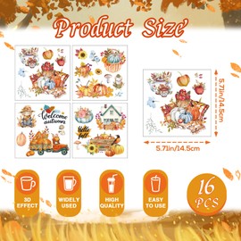 Eiapadeor Fall Rub on Transfers for Crafts - 16 Sheets Fall Leaves Rub on Stickers, Autumn Pumpkin Theme UV DTF Stickers, Waterproof UVDTF Decals for DIY Furniture
