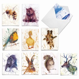 The Best Card Company - Assorted All Occasions Animal Watercolor Blank Greeting Notecard Box Set - Incl. 10 Unique Designs + Envelopes, Thank You, Invitations - Wildlife Splash AM2954OCB-B1x10