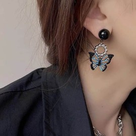 Yienate Punk Butterfly Dangle Drop Earrings Vintage Black Dot Stud Dark Cool Butterfly Drop Earrings Wedding Bridal Blue Butterfly Earrings Statement Butterfly Earrings Jewelry for Women and Girls