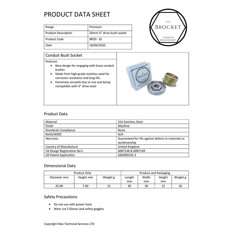Brocket Conduit Bush Socket Set 20mm & 25mm Stainless Steel.