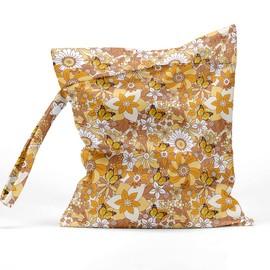 Wet Bag Waterproof Reusable Wet Dry Bag for Beach, Travel, Pool, Gym Bag for Swimsuits, Wet Clothes, Cloth Diapers, Washable Wet Bags for Baby, 70s Floral Vintage Flowers Butterfly Flower Decor