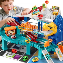 MSKOLER Dinosaur Race Car Tracks for Toddlers 2-4 Years, Dinosaur Climbing Hills Railcar, Toy Car Track Play Set with 7 Small Race Cars, Preschool Birthday Gifts for 3 4 5 6 7 8 Year Old Boys Girls
