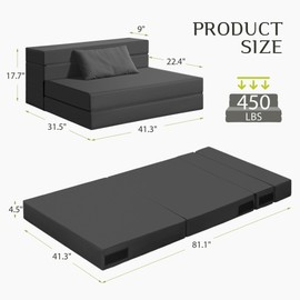 YESHOMY Folding Sofa Bed,Convertible Foldable Chair Beds Couch,Floor Sofas,Sleeper Futon Mattress,with Washable Cover, for Bedroom,Living Room,Twin Size (81"x41"x4.5"),Dark Grey
