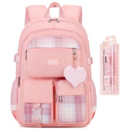 qodbopack School Backpack For Student Women College Middle High Teen Girls Bookbag Waterproof Laptop Bag Plaid Pink