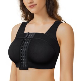 BRABIC Front Closure Compression Wireless Everyday Bra for Women Post Surgery Posture with Breast Support Band (US, Alpha, Large, Regular, Regular, Black)