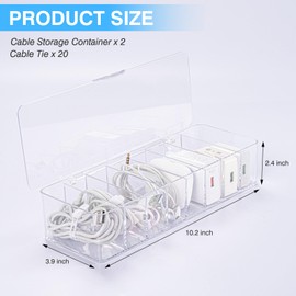 JMGO 2pcs Cable Organizer Storage Box Case with Lid Clear Plastic Charging Code Electronics Management Box Holder with 20pcs Wire Ties for Home Office Desktop Drawer Stackable Organizers