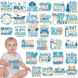 Dazoratix Baby Heat Transfer Stickers - 30 Sheets Ready to Press Blue Iron on Transfers Designs Decals Onesie Decorating Kit for Boys Shower Gender Reveal Party Bodysuit T-Shirts Clothing DIY Applique