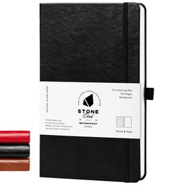Stone Klassisches A5-Hardcover-Notizbuch (schwarz) – veganes Leder, wasserfestes & fettdichtes Kalksteinpapier, Innentasche, Gummibandverschluss