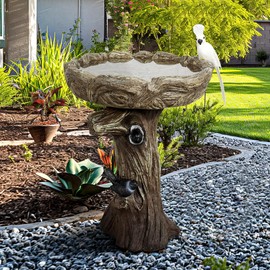 FlowLuxe 23" H Concrete Birdbath for Outdoor Garden with a Fake Bird Decor - Freestanding Trunk Like Bird Bath for Outside Garden Patio or Yard Decor