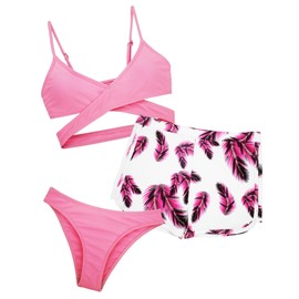 Happy Cherry - Conjunto de traje de baño de 3 piezas para niñas con estampado tropical, traje de baño de 8 a 14 años, Rosado, 14 Años