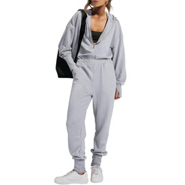 Caracilia Jumpsuits for Women Fall Casual Sweatsuits Long Sleeve Zip Sweatshirts Jogger Sweatpants One Piece Romper Outfits﻿ Grey Small
