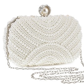 Xuhal Pearl Clutch Purse Women Evening Bag Beaded Handbag Artificial Pearl Bride Purse with Chain for Wedding 1920s Party, Silver