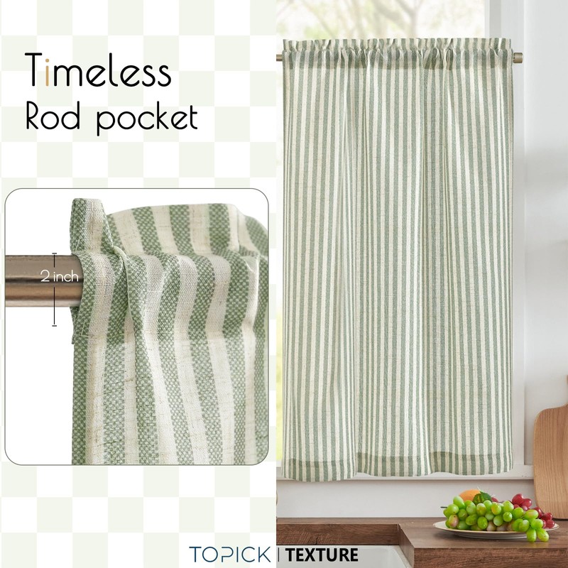 TOPICK Green Striped Small Curtains 24 Inch Drop Linen Kitchen