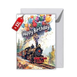 WBdesignz Birthday Card for Railway Fans with Envelope - Steam Train Balloons Greeting Card Colourful Railway Children Boys Train Motif Playful (XXL DIN A4)