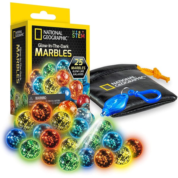 NATIONAL GEOGRAPHIC Marbles Refill Pack – 25 Glass Marbles That Glow in The Dark, Includes Storage Pouch & UV Keychain Light, Marble Runs for Kids, Building Toys, Science Toys