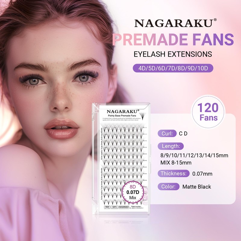 NAGARAKU Premade Volume Eyelash Extensions - 120 Fans, 8D, 0.07C