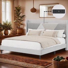 DWVO Luxury Queen Bed Frame with USB-C/A Charging Station & Soft Headboard, Modern Linen Upholstered Platform Bed, No Box Spring Needed, Easy Assembly,Noise-Free (Gradient Beige)
