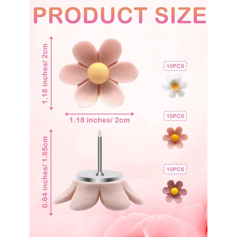 Pink Flower Push Pins，30 Pcs