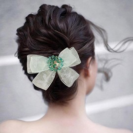 Yheahin Soft Bow-knot Hair Clip with Crystal Beads Large Tulle Hair Bow Barrette Bridal Wedding Dance Party Headpiece Princess No Slip Hair Accessories for Women (Green)