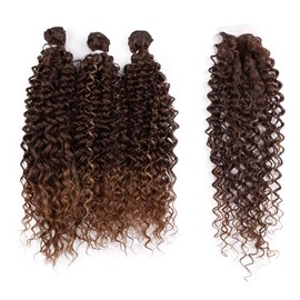 DÉBUT Curly Hair 3 Bundles with Easy Closure Synthetic High Temperature Fiber Long Deep Curly Heat Resistant Hair Weave 4pcs/Pack 16 Inches Total 300g 3 Tones Ombre Highlight Brown Color