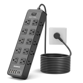 Solidock Power Strip Surge Protector Flat Plug with 20 AC Outlets 6 USB Chagring Ports, 1875W/15A, 2700J, 10 Feet Heavy Duty Extension Cord for Home, Office, Dorm, Gaming,ETL Listed (Black, 10FT)