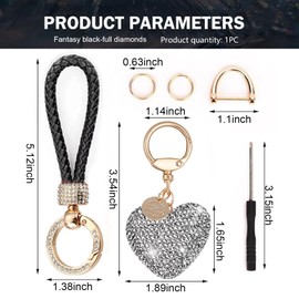 Arwrilt Heart Crystal Car Keychain, Cute Bling Bag Charms with Wristlet Keychain, Pretty Key Ring with Sparkly Rhinestones Heart, Key Fob for Handbag Purse (Black)