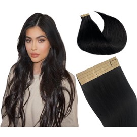 Tape In Hair Extensions, 22 Inches Jet Black Hair Extensions Real Human Hair, 50g 20pcs Straight Seamless Skin Weft Hair Extensions Tape Ins, Tape In Hair Extensions Human Hair Black Women Girls