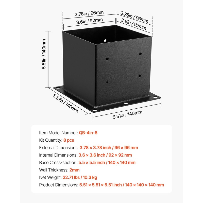 VEVOR 4x4 Post Base 8 Pcs, Inner Size 3.6x3.6 inch