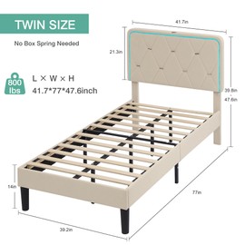 VECELO Upholstered Twin Bed Frame with Headboard Adjustable, Velvet Platform Bed with LED Lights, Charging Station, Mattress Foundation with Wooden Slats, Noise Free, No Box Spring Needed, Light Beige