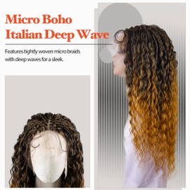 RAHELMO Micro Boho Italian Deep Wave Box Braided Wig - Knotless Braided Wigs for Black Women - Curly Hair Wig with Natural Baby Hair - Full Lace 360 Wig (#2 Dark Brown, 24")