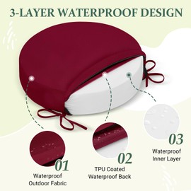 HARBOREST Outdoor Bistro Chair Cushions Set of 4, Waterproof Round Outdoor Cushions with Non-Slip Ties and Removable Covers, 15" D x 3" H, Burgundy