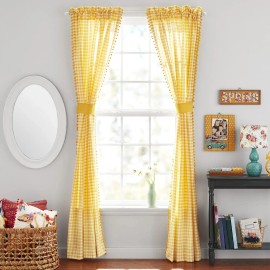 Pioneer Woman Yellow Gingham Pompom Trim Curtains 2 Panels & Tiebacks 40"x84"