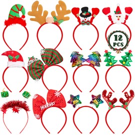 HOVACY 12 Pieces Christmas Headbands, Cute Xmas Head Toppers, Various Design Santa Hat Christmas Tree Snowman Reindeer Antler Headwears for Christmas Party Favors, Christmas Decorations