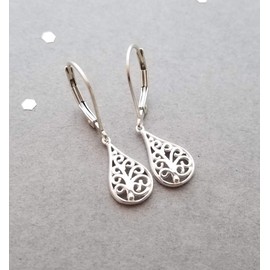 Sterling Silver earrings - filigree teardrop - jewelry gift for women (Sterling Leverback)
