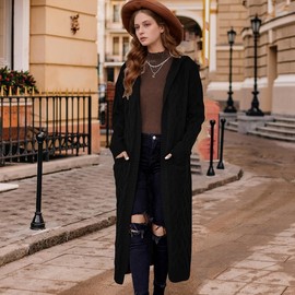 WIFFGO Lightweight Hooded Open Front Cardigan for Women Cable Knit Sweaters Pocketed Oversized Knee Length Long Coats Black