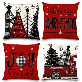 JOISHOP 4pcs Christmas Cushion Covers, 18 x 18 Inch Linen Red Christmas Throw Pillow Covers Merry Christmas Pillow Cases for Christmas Sofa Living Room Indoor Home Decorations
