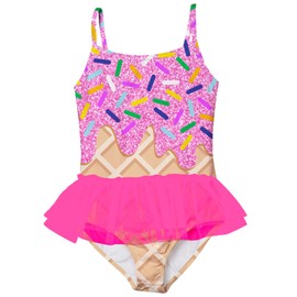 swimsobo Girls One Piece Swimsuit for 3-4T Little Kids Cute Pink Ice Cream Bathing Suit with Tutu Adjustable Strap Swimwear for Beach