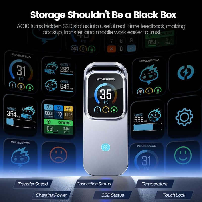 MOVE SPEED AC10 Smart Touchscreen SSD Enclosure, 10Gbps USB-C M.2