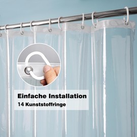 EurCross Shower Curtain 200 x 200 cm Transparent Anti-Mould Bathroom Curtain with 5 Magnets Bottom for Bathroom, Plastic PEVA Waterproof Shower Curtains with 14 Rings