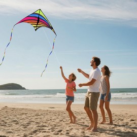 Kaiciuss 3 Pack Delta Kite Set for Adults and Kids, Single Line Beach Kites for Boys & Girls, Three Handle with String Included (Blue, Rainbow & Orange)
