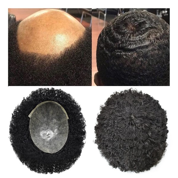 SINGA HAIR Afro Toupee For Black Mens Hair Replacement System Invisible Full Poly PU Injection 10mm Afro Wave Human Hair African American Men Hairpieces Units 8X10 , 1B# Off/Natural Black