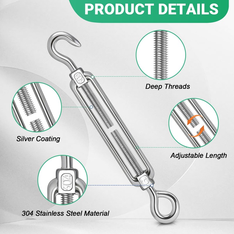 Spiglamm 10PCS M8 Hook & Eye Turnbuckle 304 Stainless Steel,Heavy