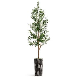 Artificial Tree in Black and White Leaf Pattern Planter, Fake Olive Silk Tree for Indoor and Outdoor Home Decoration - 68" Overall Tall (Plant Pot Plus Tree)