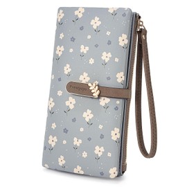 UTO Women's Large and Small Purse Flowers Many Compartments with Coin Compartment PU Leather Press Stud Zip Lightweight Wallet for Women Slim Wallet Boys Purse for Gift, Flower Blue, Casual