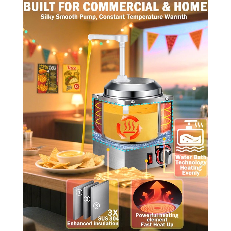 Nacho Cheese Dispenser with Pump - 2.8QT Stainless Steel Nacho