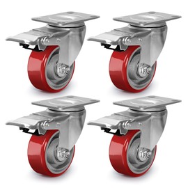 3 Inch Heavy Duty Casters, Swivel Caster Wheels with Brake, Polyurethane on Steel Wheel- Casters Set of 4 with 1400 lb Capacity, Caster Wheels for Furniture Workbench Cart (4 Brake)