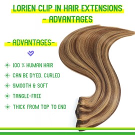 LORIEN Clip in Hair Extensions Real Human Hair, 20 Inch 105g,4/27 Chocolate Brown to Caramel Blonde, Clip in 100% Brazilian Remy Human Hair Extensions 8pcs Per Set with 18 Clips Double Weft