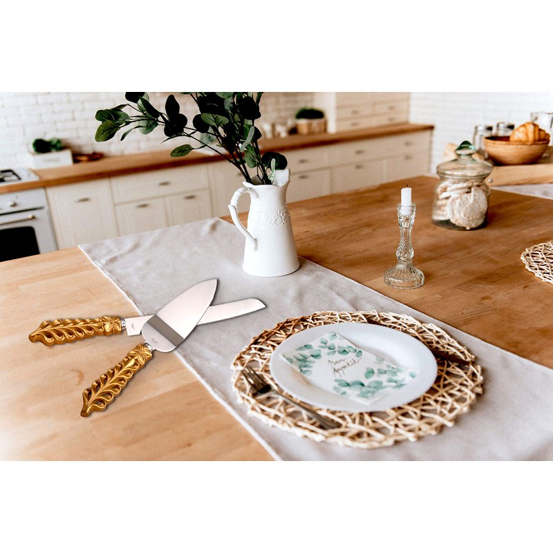 FASHIONCRAFT 2528 Gold Lattice Botanical Collection Stainless Cake Knife Set,